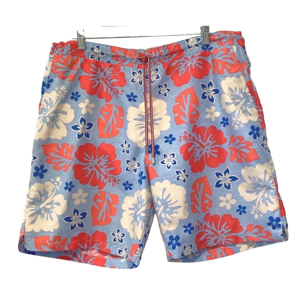 Peter Millar Mens Swim Trunks Hibiscus Blue Red Lined Board Shorts - Medium